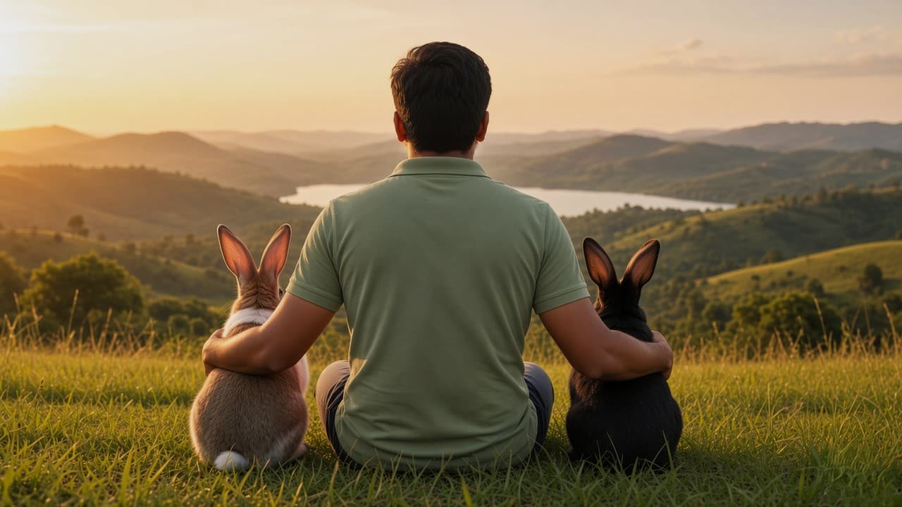 Buvaneshwaran with rabbits looking out across sunset hills